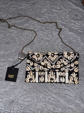 NWT Clements Ribeiro Black Embellished Seashell Crossbody Bag Beige Sequin Beads